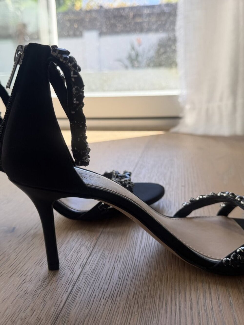 Jewel Badgley Mischka Black Satin Jeweled Crystal Ankle Strap Heel Sandal Size 9